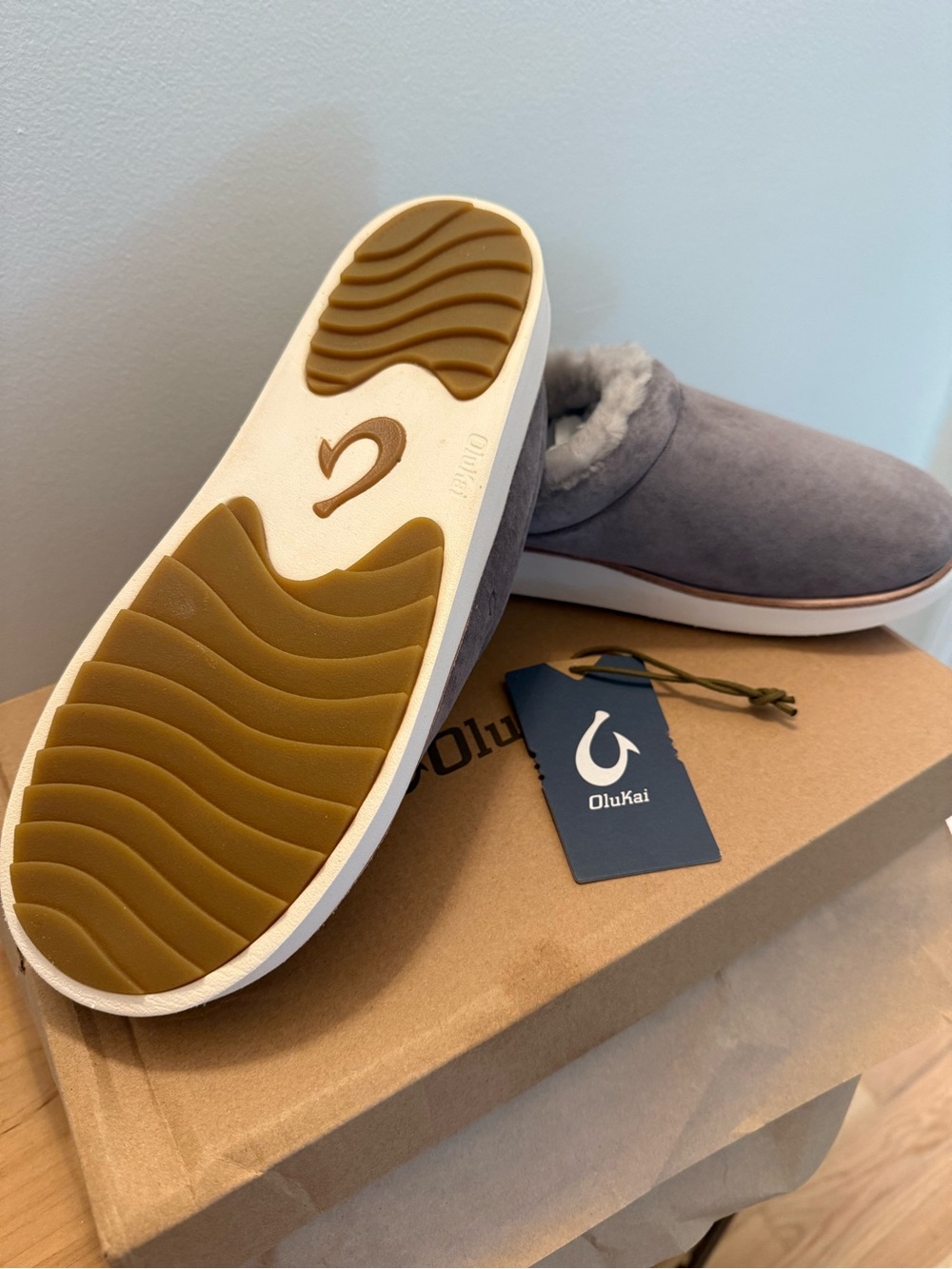OluKai Men's Gray Suede Slip-On Clog with Tan Sole